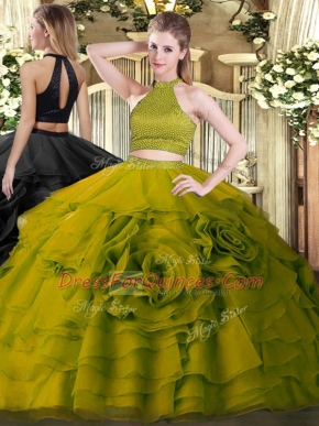 New Style Olive Green Halter Top Backless Beading and Ruffles Sweet 16 Dress Sleeveless