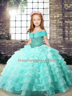 Sleeveless Organza Brush Train Lace Up Kids Formal Wear in Apple Green with Ruffled Layers