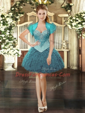 Mini Length Lace Up Teal for Prom and Party with Beading and Ruffles