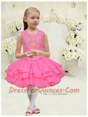 Nice V-neck Beading Knee-length Flower Girl Dress in Rose Pink
