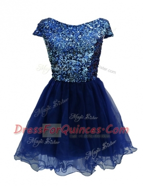 Exquisite Sequins Prom Dress Navy Blue Zipper Cap Sleeves Mini Length