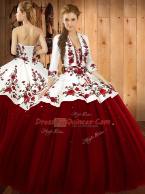 New Arrival Sleeveless Satin and Tulle Floor Length Lace Up Quinceanera Gown in Wine Red with Embroidery