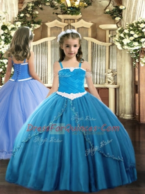 Beauteous Ball Gowns Sleeveless Blue Kids Formal Wear Sweep Train Lace Up