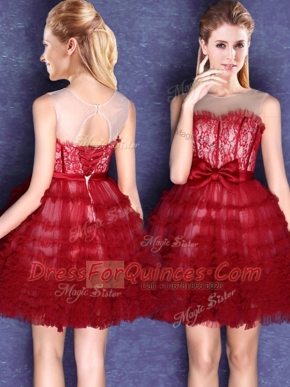Scoop Wine Red Sleeveless Tulle Lace Up Damas Dress for Prom and Party and Wedding Party