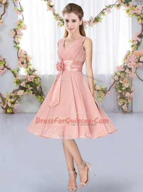V-neck Sleeveless Chiffon Quinceanera Court Dresses Hand Made Flower Lace Up