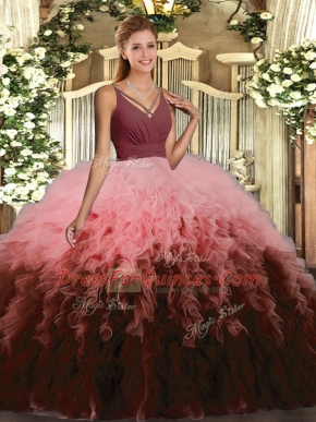 Trendy Multi-color Ball Gowns Ruffles Sweet 16 Dresses Backless Tulle Sleeveless Floor Length