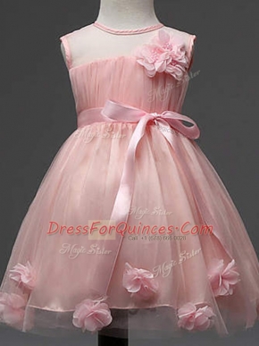 Elegant Sleeveless Tulle Knee Length Zipper Toddler Flower Girl Dress in Pink with Hand Made Flower