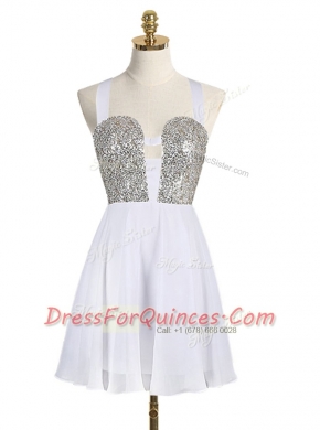 Adorable Straps White Sleeveless Mini Length Sequins Criss Cross Prom Evening Gown