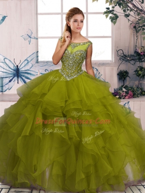 Graceful Olive Green Ball Gowns Beading and Ruffles Quinceanera Gowns Zipper Organza Sleeveless Floor Length