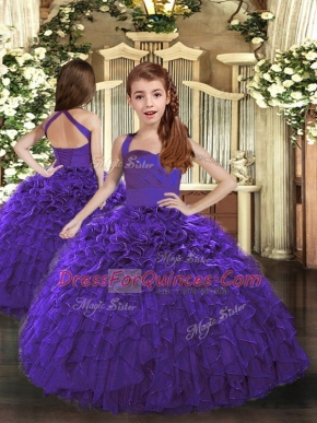 Purple Sleeveless Floor Length Ruffles Lace Up Kids Formal Wear