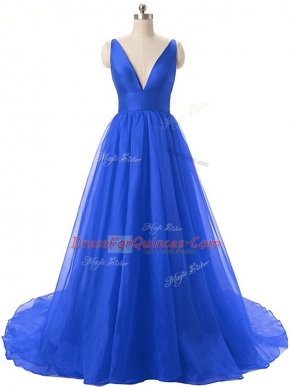 Royal Blue Prom Dresses Organza Brush Train Sleeveless Ruching