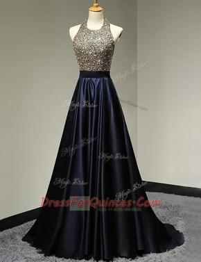 Modern Halter Top With Train Column/Sheath Sleeveless Navy Blue Prom Gown Brush Train Backless