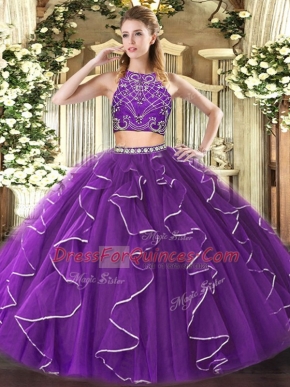 Purple Tulle Zipper High-neck Sleeveless Floor Length Sweet 16 Quinceanera Dress Beading and Ruffles