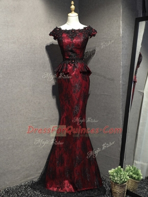 High Quality Red And Black Mermaid Scoop Sleeveless Lace Floor Length Lace Up Lace and Appliques Homecoming Dress
