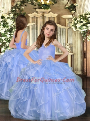 Ruffles Pageant Gowns For Girls Blue Lace Up Sleeveless Floor Length