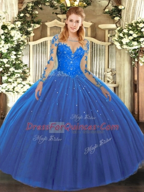 Vintage Blue Lace Up Scoop Lace Sweet 16 Quinceanera Dress Tulle Long Sleeves
