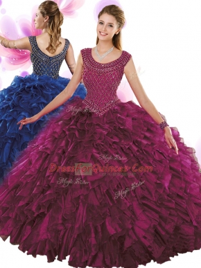 Custom Fit Fuchsia Organza Zipper Scoop Sleeveless Floor Length 15th Birthday Dress Beading and Ruffles