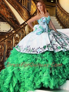 Sleeveless Organza Floor Length Lace Up Vestidos de Quinceanera in with Appliques and Embroidery and Ruffles