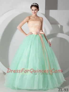 Elegant Strapless Apple Green and Pink Organza Quinceanea Dress with Sash and Ruching