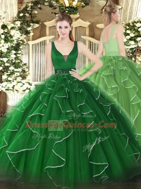 Sexy Green Straps Zipper Beading and Ruffles Sweet 16 Dress Sleeveless