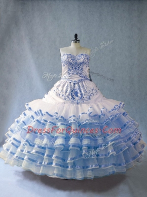 High Class Embroidery and Ruffled Layers Quinceanera Dress Blue And White Lace Up Sleeveless Floor Length