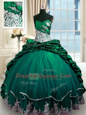 Modest Dark Green Ball Gowns Beading and Appliques and Pick Ups 15 Quinceanera Dress Lace Up Taffeta Sleeveless