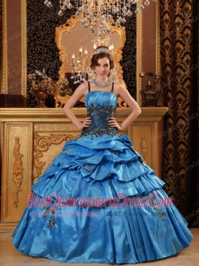 Blue Ball Gown Strap Floor-length Taffeta   Appliques Quinceanera Dress