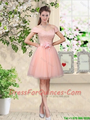 Discount Off the Shoulder Hand Made Flowers Prom Dresses in Baby Pink