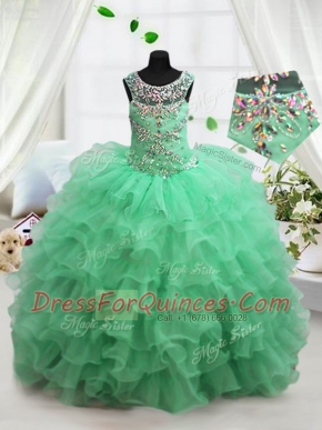 Hot Sale Apple Green Little Girl Pageant Gowns Party and Wedding Party and For with Beading and Ruffled Layers Scoop Sleeveless Lace Up