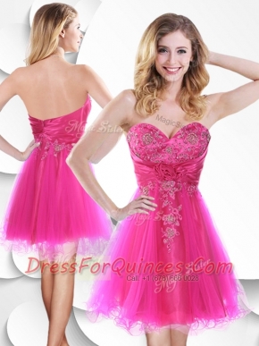 Lovely Short Hot Pink 2016  Prom Dress with Beading and Hand Made Flowers