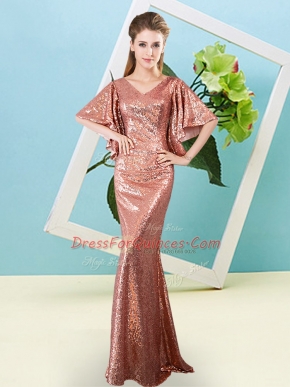 Rust Red Zipper Homecoming Dress Sequins Half Sleeves Floor Length