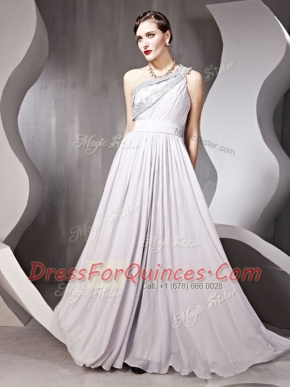 Ideal One Shoulder Silver Empire Beading Prom Gown Side Zipper Chiffon Sleeveless Floor Length
