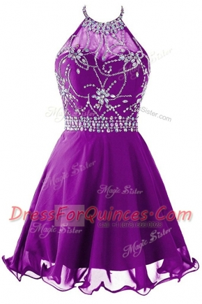 Nice Organza Halter Top Sleeveless Zipper Beading Prom Evening Gown in Purple