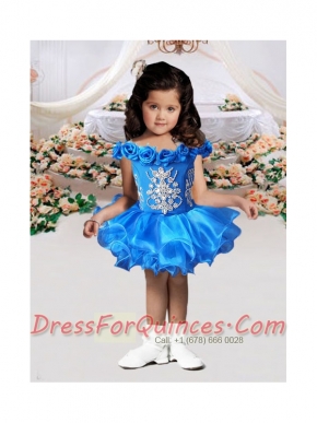 Short Off the Shoulder Backless Royal Blue Little Girl Dress with Beading
