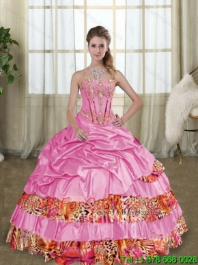 Perfect 2015 Rose Pink Leopard Printed Quinceanera Dresses with Beading and Pick Ups