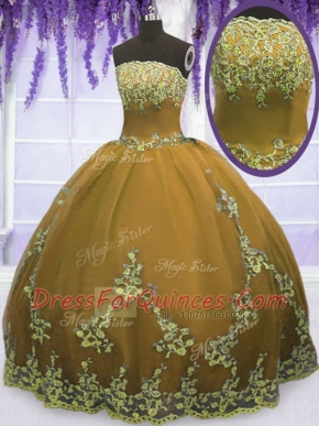 Hot Sale Strapless Sleeveless Zipper Quinceanera Gowns Brown Tulle
