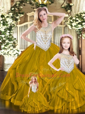 Brown Tulle Lace Up Quince Ball Gowns Sleeveless Floor Length Beading and Ruffles