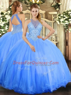 Decent Beading 15 Quinceanera Dress Blue Lace Up Sleeveless Floor Length