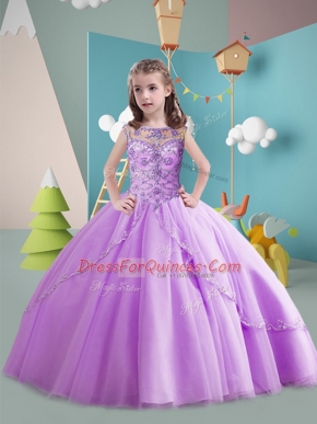 Brush Train Ball Gowns Kids Formal Wear Lavender Scoop Tulle Sleeveless Lace Up