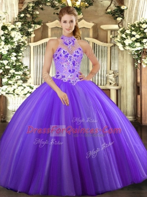 Stylish Sleeveless Floor Length Embroidery Lace Up Quinceanera Gown with Purple