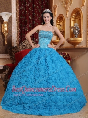 Blue Ball Gown Strapless Floor-length Fabric With Rolling Flowers Beading Quinceanera Dress