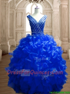 Modest Beaded and Ruffled Deep V Neckline Quinceanera Dress in Royal Blue