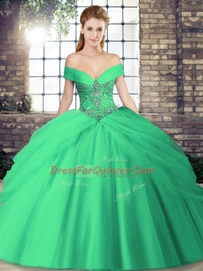 Top Selling Turquoise Ball Gowns Off The Shoulder Sleeveless Tulle Brush Train Lace Up Beading and Pick Ups Quinceanera Gown