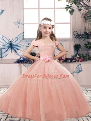 Peach Lace Up Off The Shoulder Lace and Belt Pageant Gowns For Girls Tulle Sleeveless