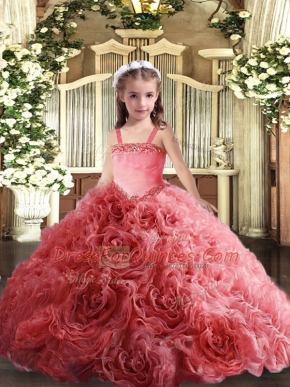 Coral Red Lace Up Kids Formal Wear Appliques Sleeveless Floor Length