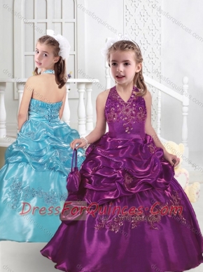 Top Selling Halter Top Little Girl Pageant Dresses with Appliques and Bubles