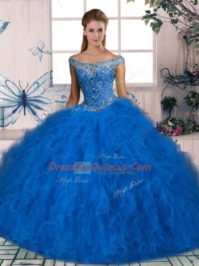 Blue Ball Gowns Off The Shoulder Sleeveless Tulle Lace Up Beading and Ruffles Vestidos de Quinceanera