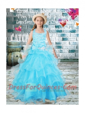 Elegant A-line Halter Ruffled Layers Beading Little Girl Pageant Dresses in Aqua Blue