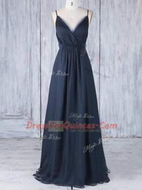 Amazing Floor Length Navy Blue Dama Dress for Quinceanera Spaghetti Straps Sleeveless Backless