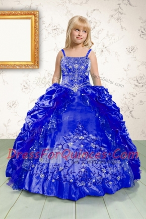 Romantic Royal Blue Ball Gowns Spaghetti Straps Sleeveless Satin Floor Length Lace Up Beading and Appliques and Pick Ups Kids Pageant Dress